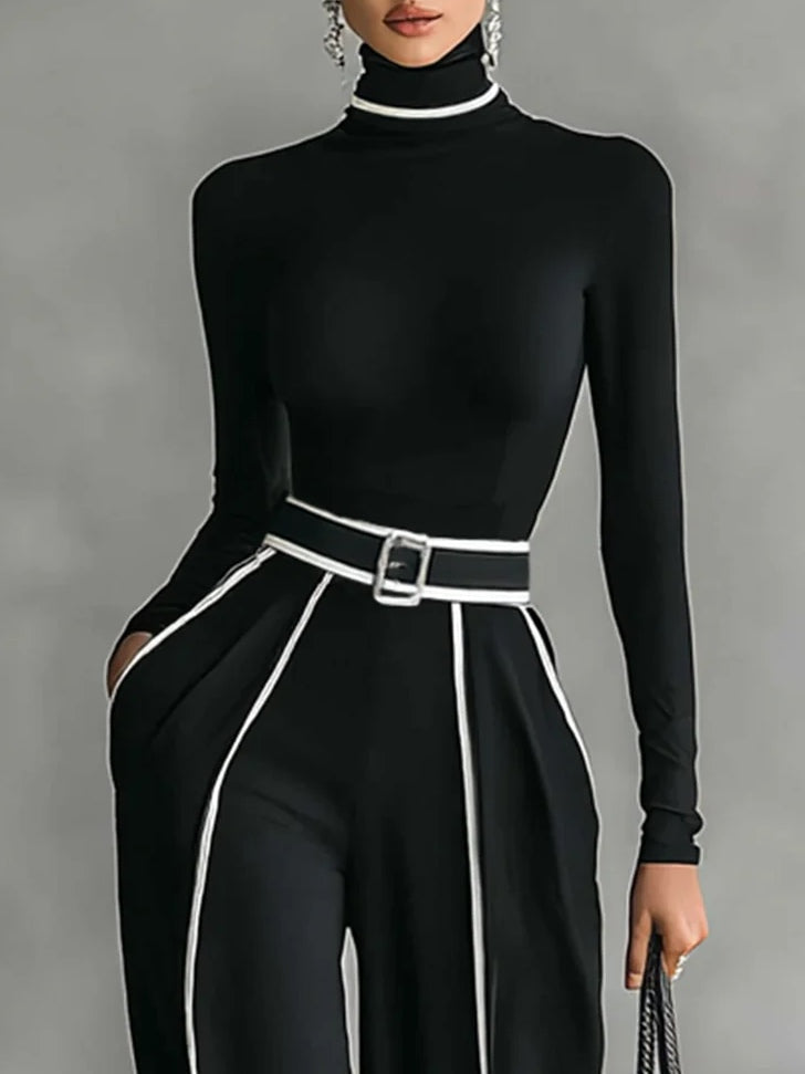 Turtleneck Top and Contrast Piping Wide Leg Pants Two Piece Set