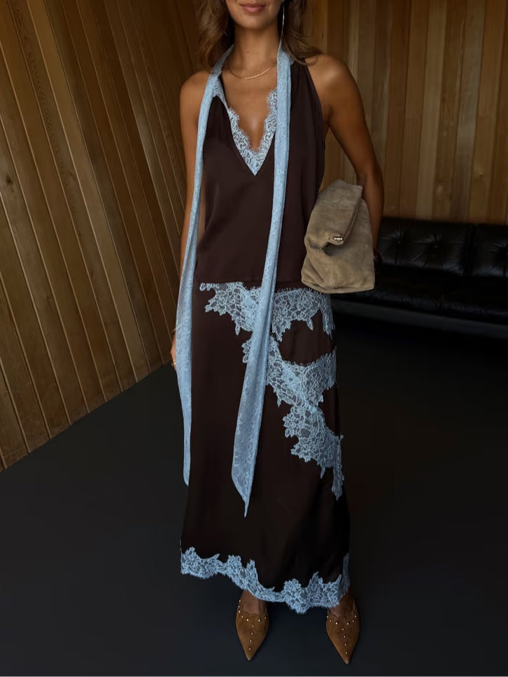 Halter Neck Lace Trim Tie Detail Satin Maxi Dress