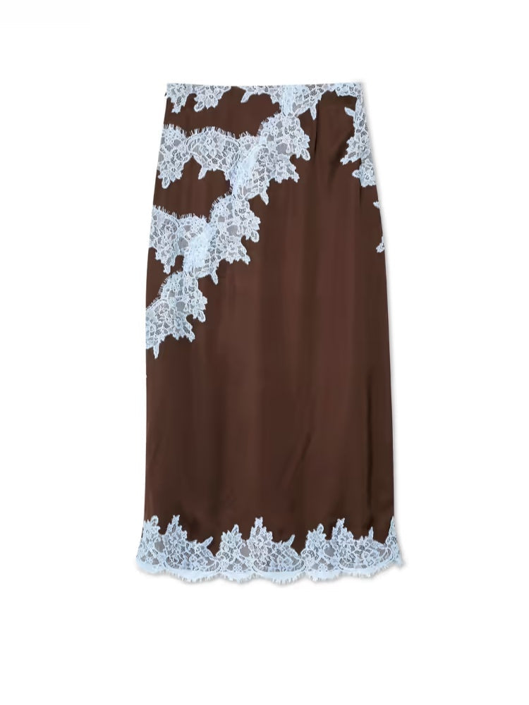 Halter Neck Lace Trim Tie Detail Satin Maxi Dress