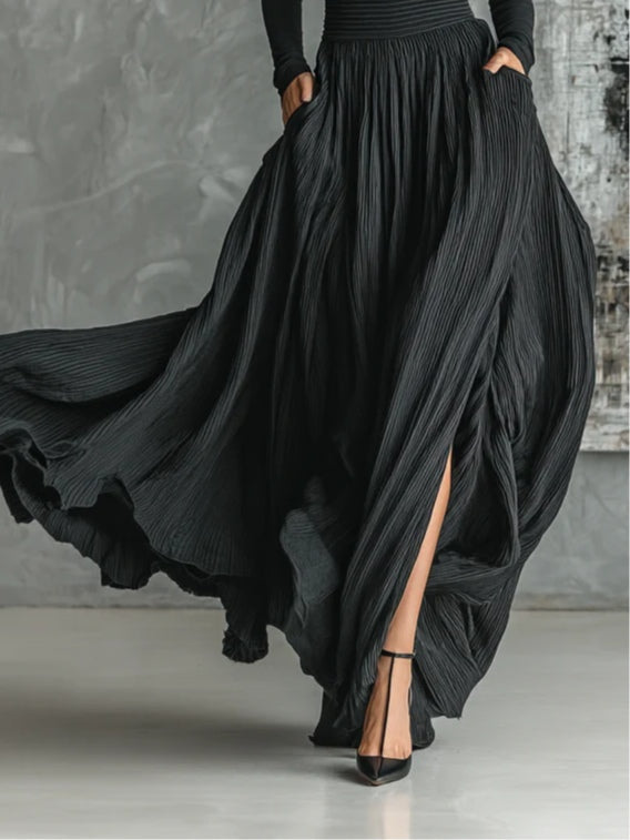Turtleneck Top and Pleated High Split Maxi Skirt Two Piece Set