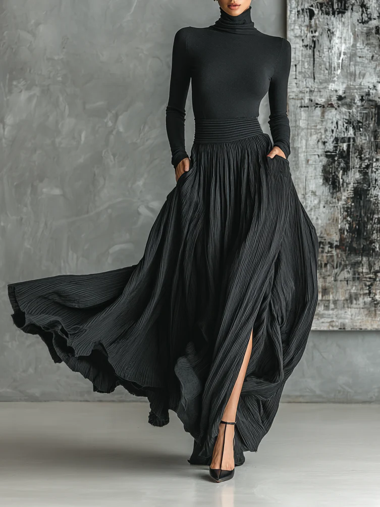 Turtleneck Top and Pleated High Split Maxi Skirt Two Piece Set