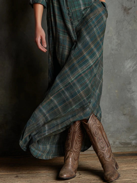 Plaid Button Front Collared Long Sleeve Shirt Maxi Dress