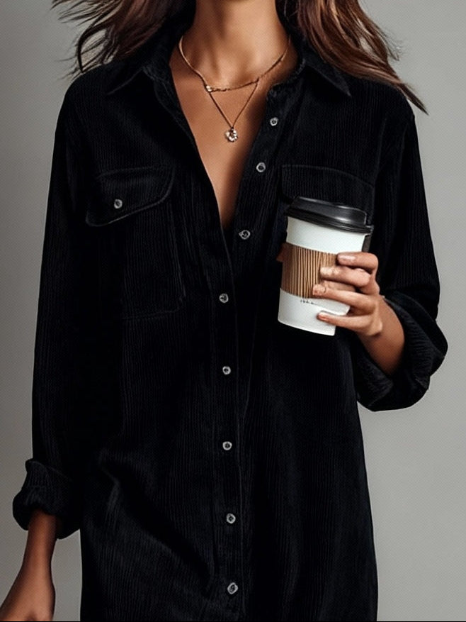 Collared Button Front Pocket Corduroy Shirt Dress