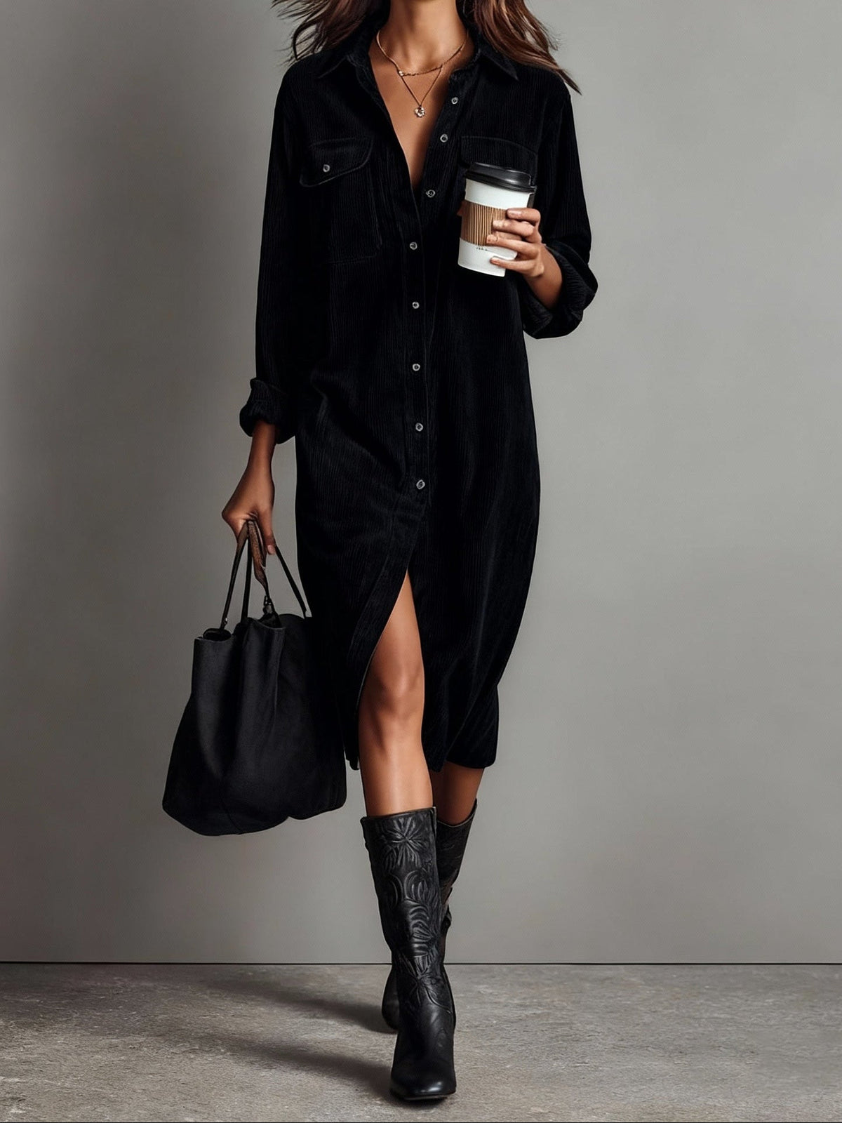 Collared Button Front Pocket Corduroy Shirt Dress