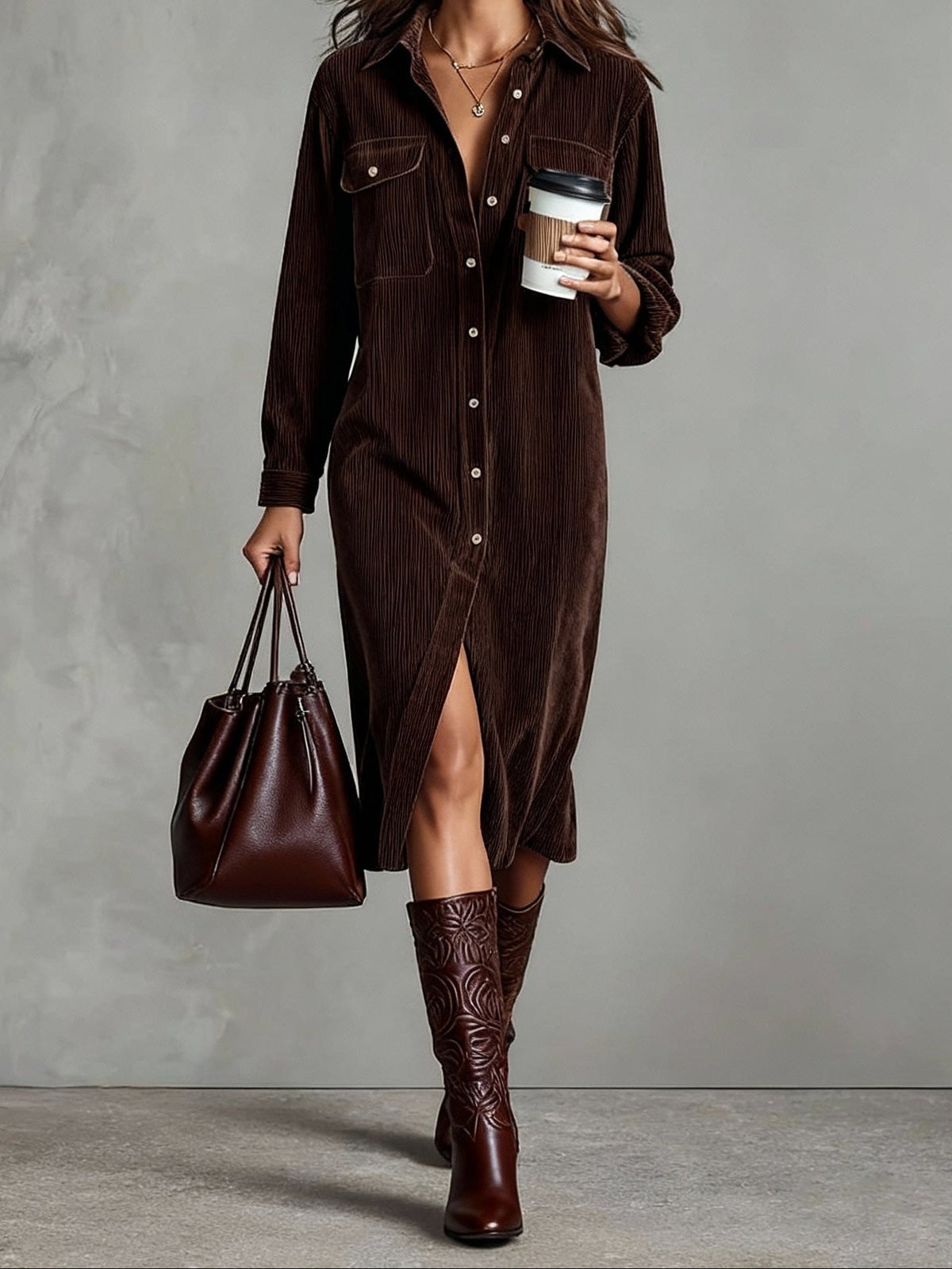 Collared Button Front Pocket Corduroy Shirt Dress