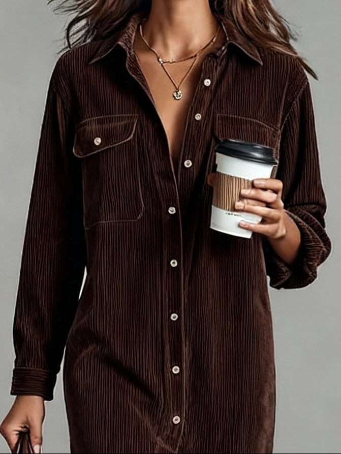 Collared Button Front Pocket Corduroy Shirt Dress