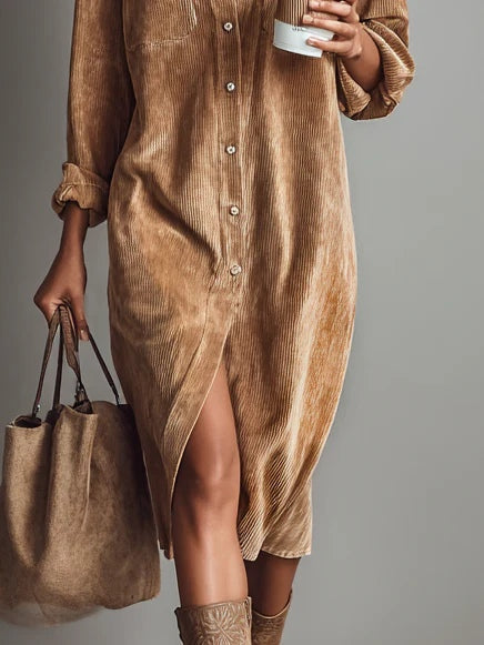 Collared Button Front Pocket Corduroy Shirt Dress