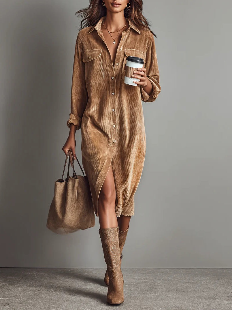 Corduroy Button Front Long Sleeve Midi Shirt Dress