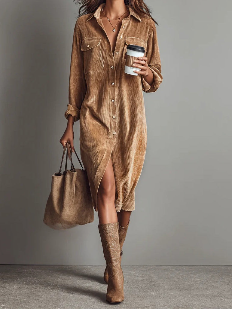 Collared Button Front Pocket Corduroy Shirt Dress
