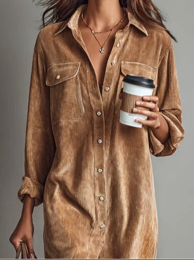 Collared Button Front Pocket Corduroy Shirt Dress