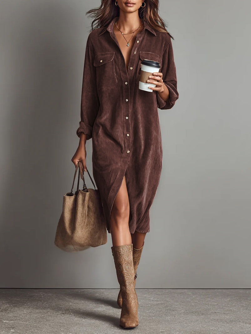Corduroy Button Front Collared Long Sleeve Midi Shirt Dress
