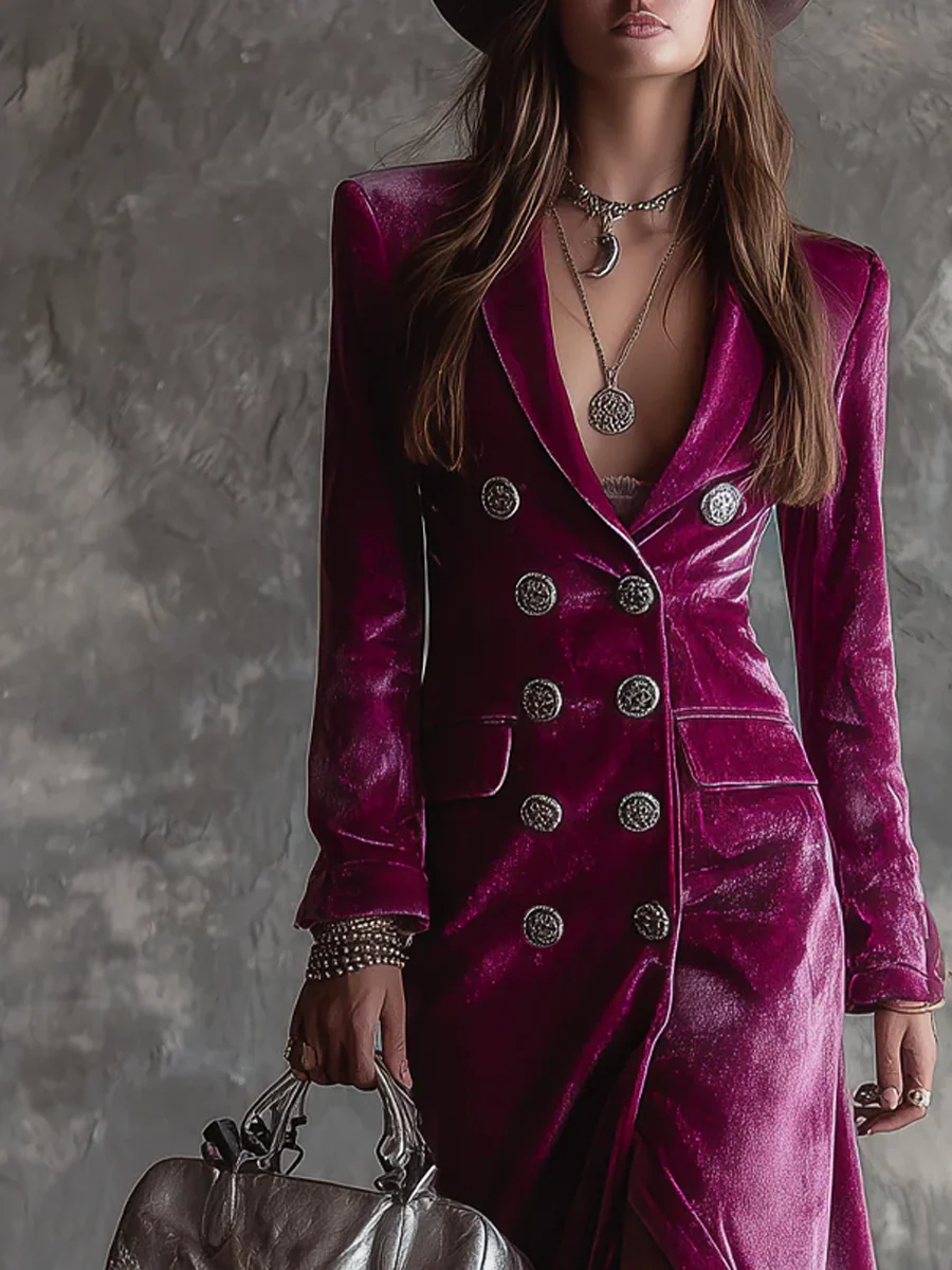 Velvet Double Breasted Peak Lapel Longline Coat