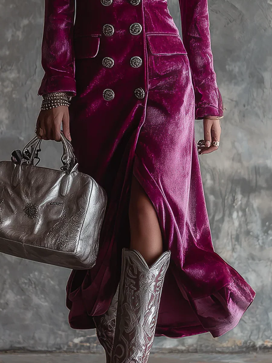 Velvet Double Breasted Peak Lapel Longline Coat