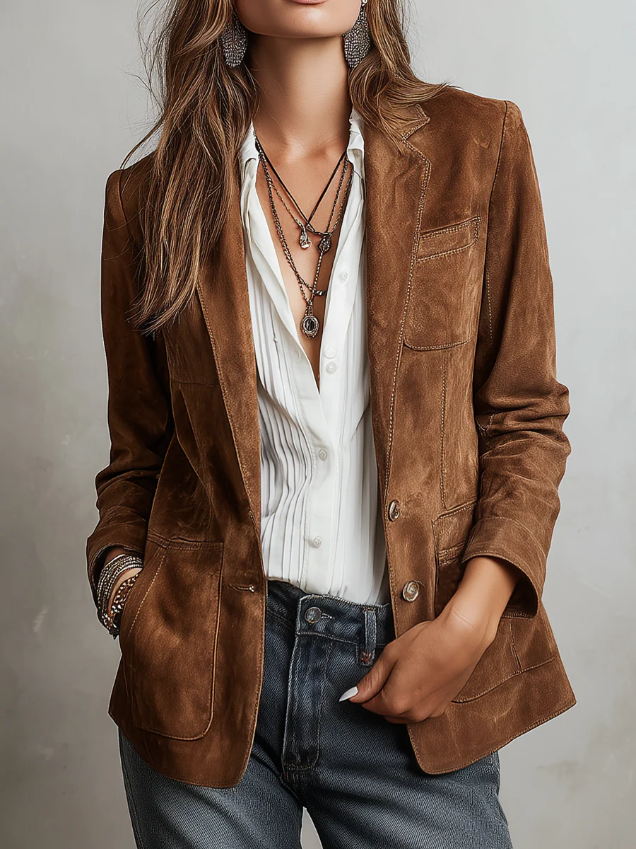 Suede Notch Lapel Button Front Blazer