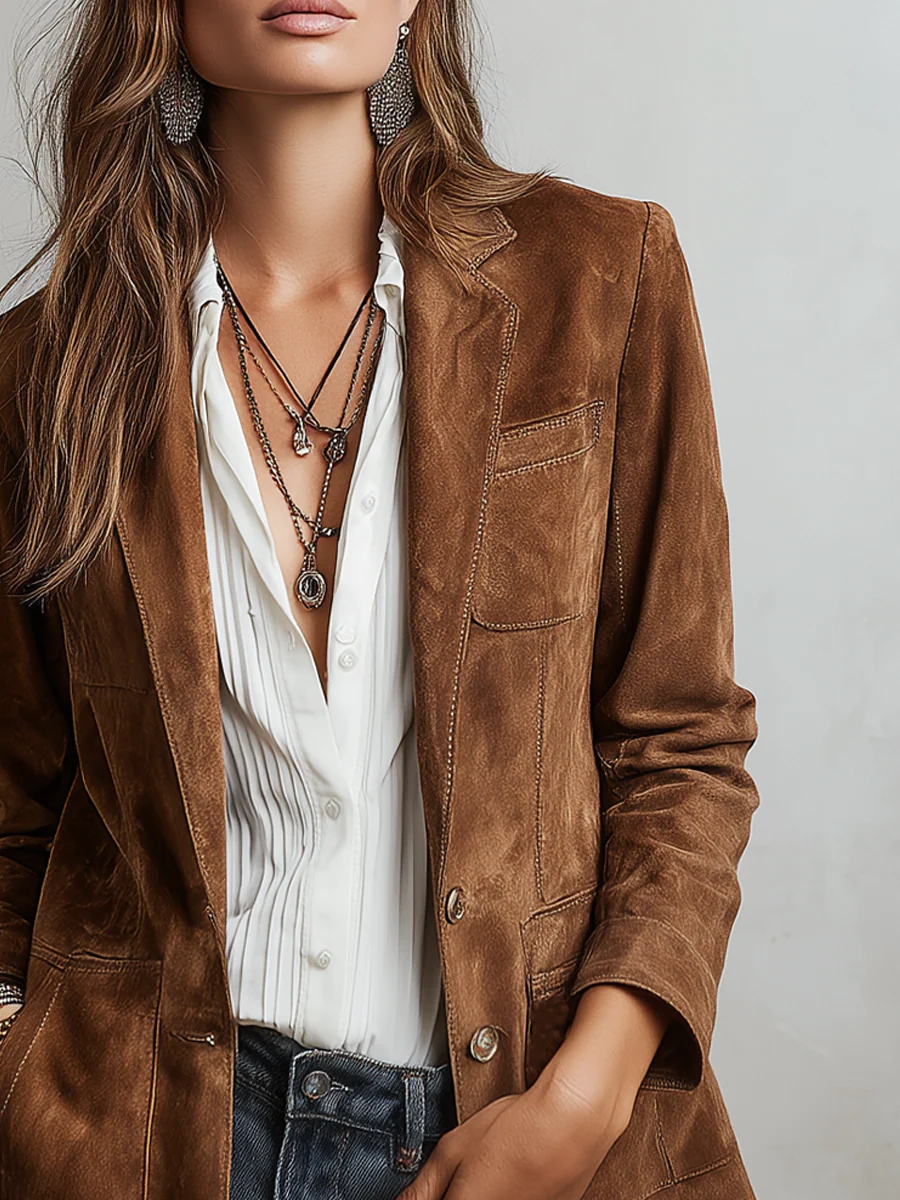 Suede Notch Lapel Button Front Blazer