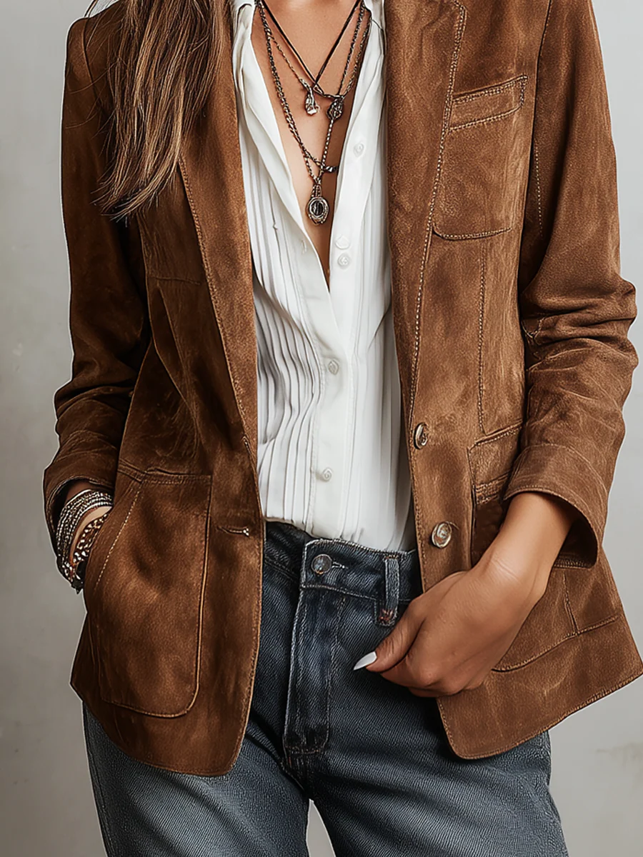 Suede Notch Lapel Button Front Blazer