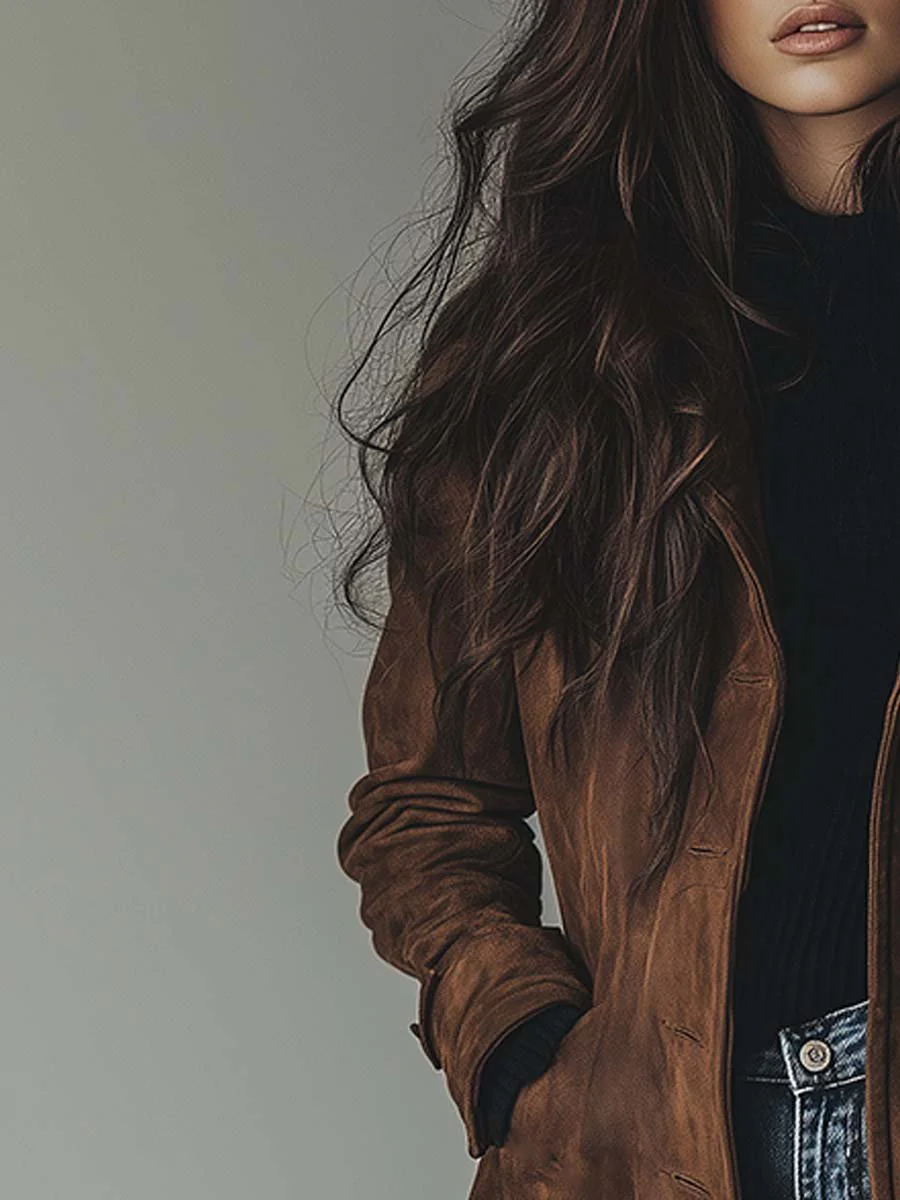 Suede Look Double Breasted Longline Coat