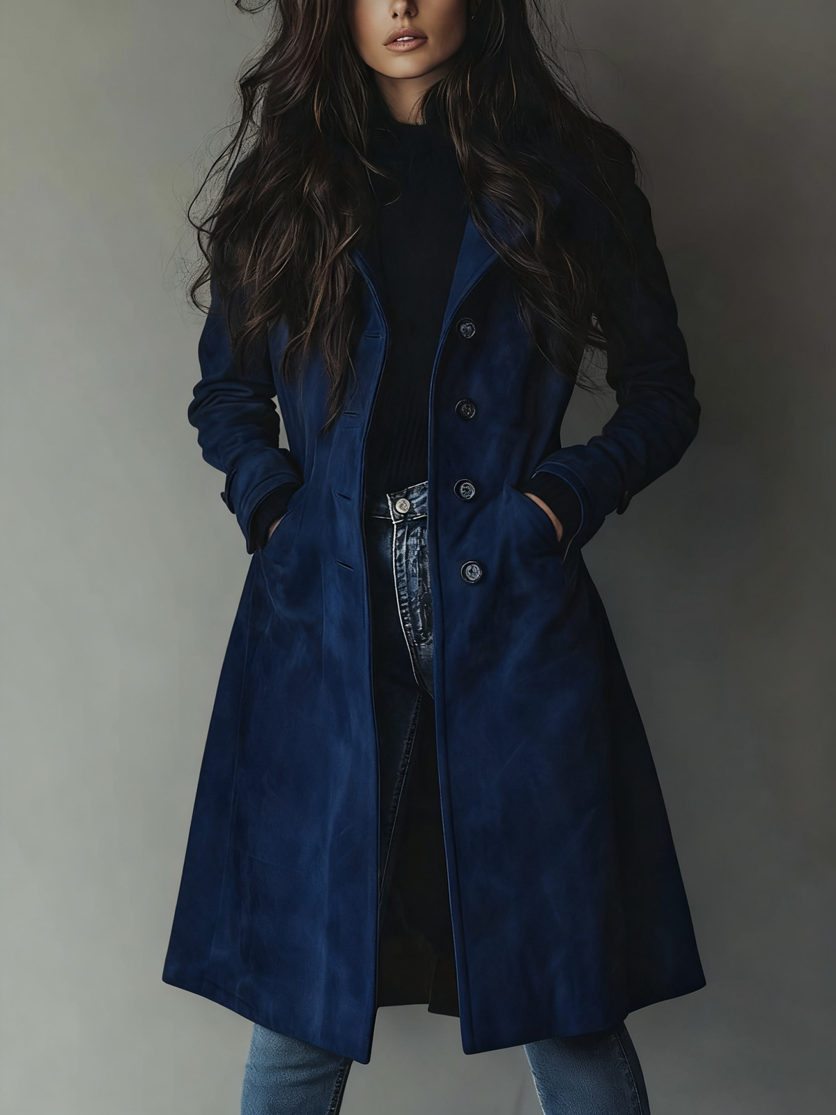 Suede Look Double Breasted Longline Coat