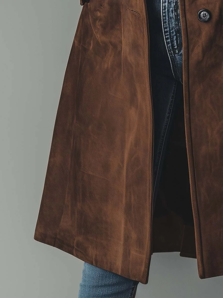 Suede Look Double Breasted Longline Coat