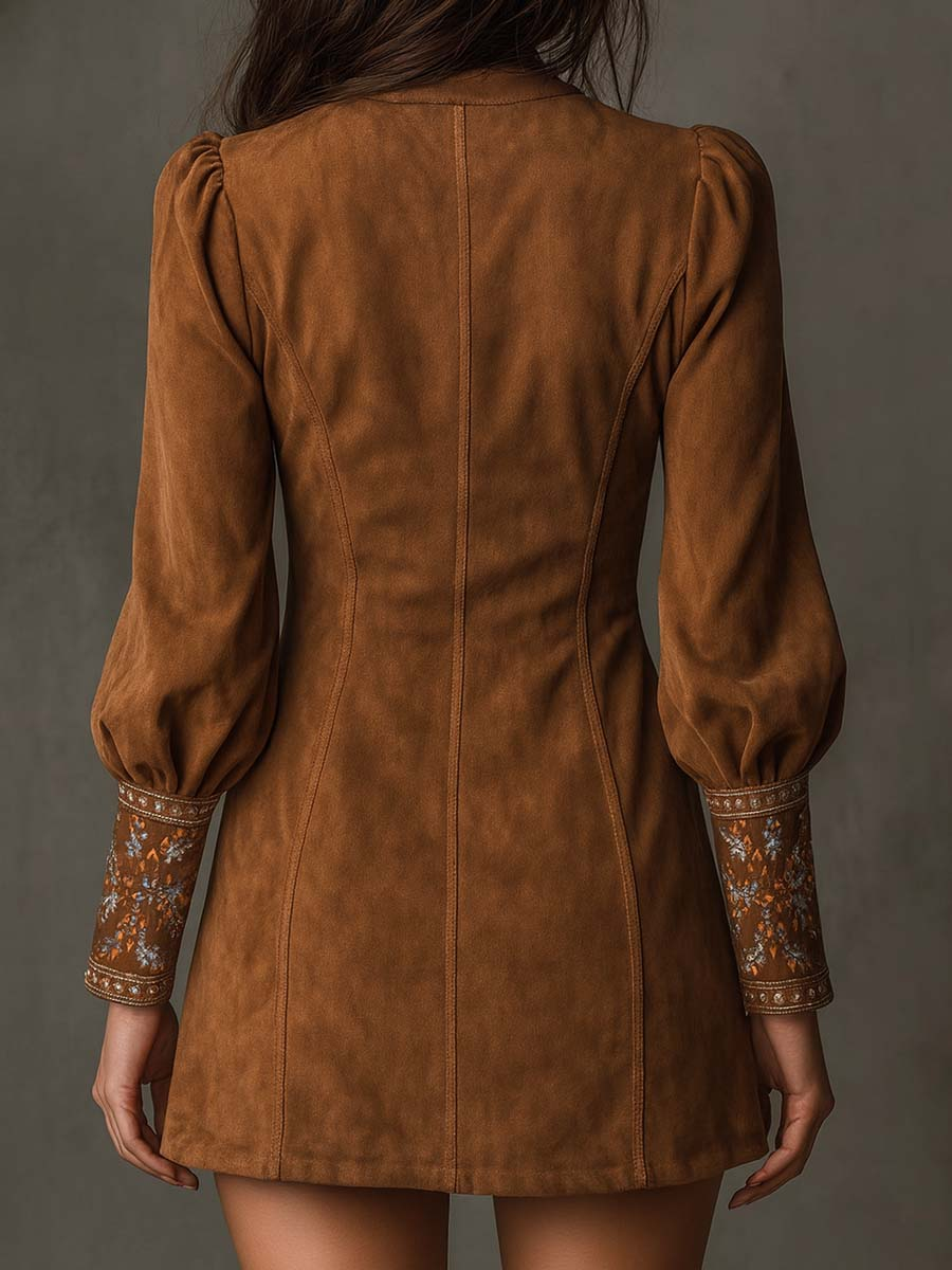 Suede Look Embroidered Deep V-Neck Long Sleeve Mini Dress