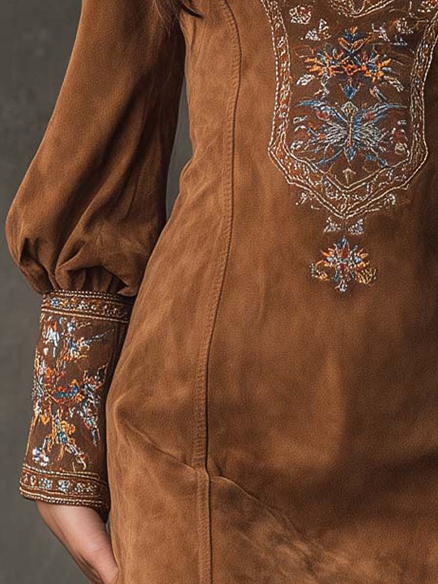 Suede Look Embroidered Deep V-Neck Long Sleeve Mini Dress