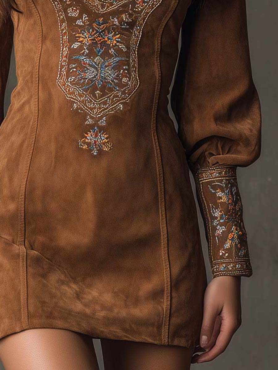Suede Look Embroidered Deep V-Neck Long Sleeve Mini Dress