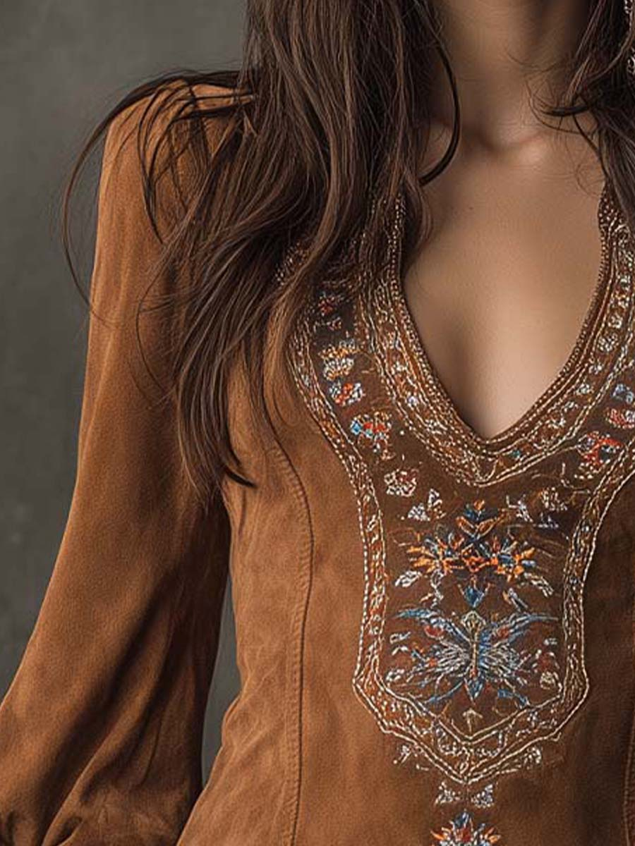 Suede Look Embroidered Deep V-Neck Long Sleeve Mini Dress
