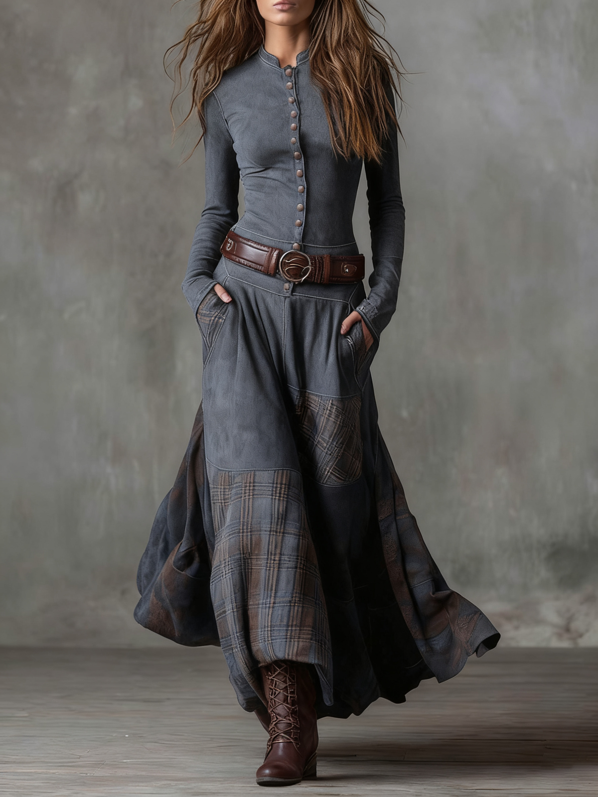 Plaid Patchwork Button Front Long Sleeve Maxi Dress