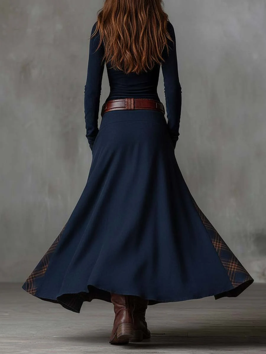 Plaid Patchwork Button Front Long Sleeve Maxi Dress