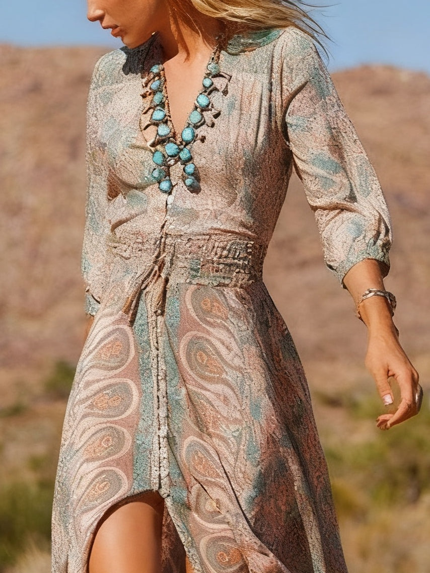Paisley Print V-Neck Long Sleeve High Split Maxi Dress 2