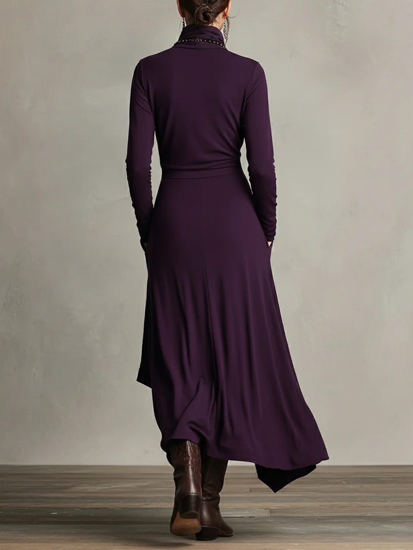 Turtleneck Long Sleeve Wrap Asymmetric Maxi Dress