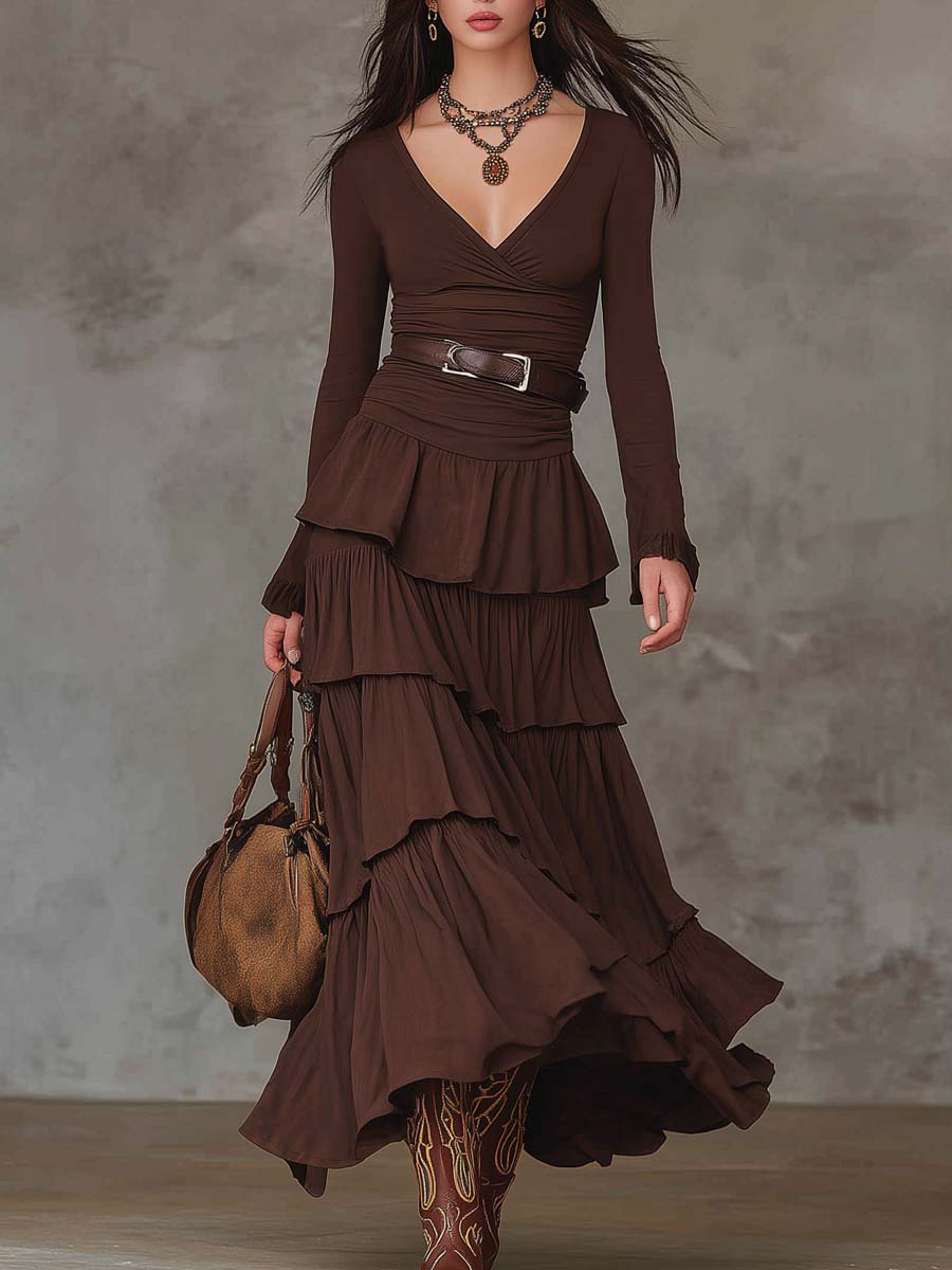 V-Neck Long Sleeve Ruched Tiered Ruffle Maxi Dress