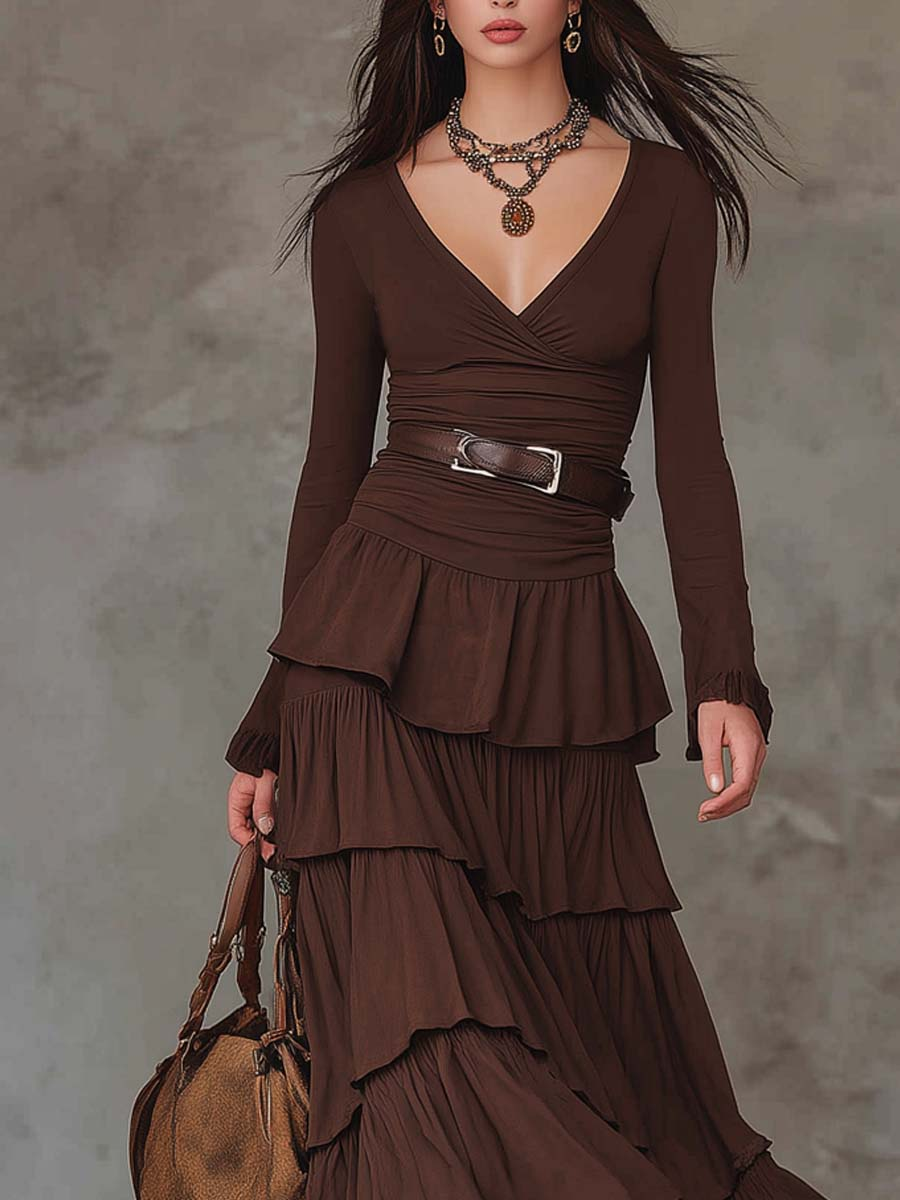 V-Neck Long Sleeve Ruched Tiered Ruffle Maxi Dress 2
