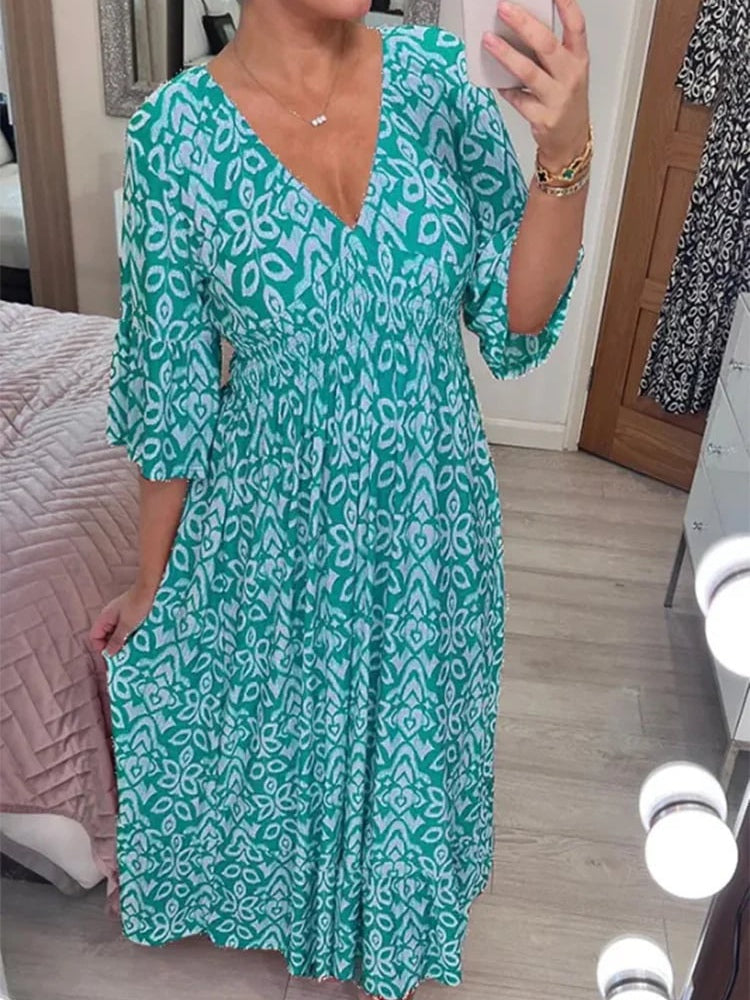 Bohemian Casual Print V-neck Waist Wrap Long Dress Blue