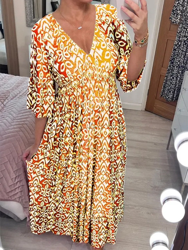 Bohemian Casual Print V-neck Waist Wrap Long Dress Yellow