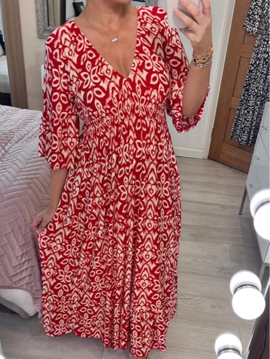 Bohemian Casual Print V-neck Waist Wrap Long Dress Red
