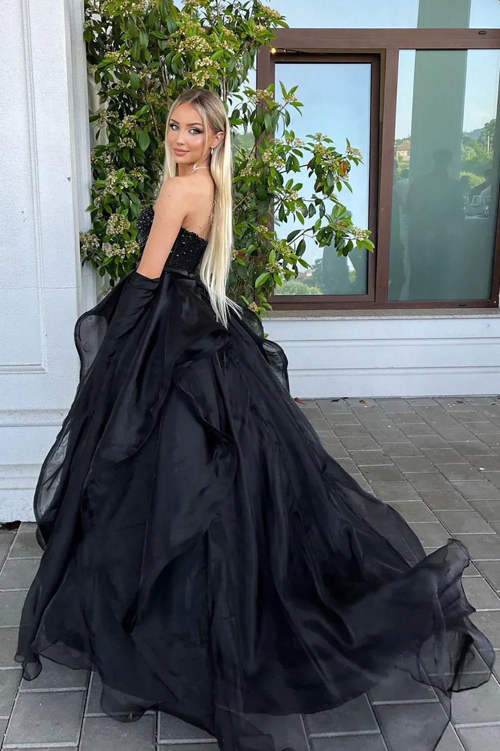Princess A Line Sweetheart Black Corset Prom Dress with Beding