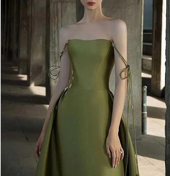Simple A Line Green Satin Prom Dress Spaghetti Straps Long Party Evening Dress cc1522