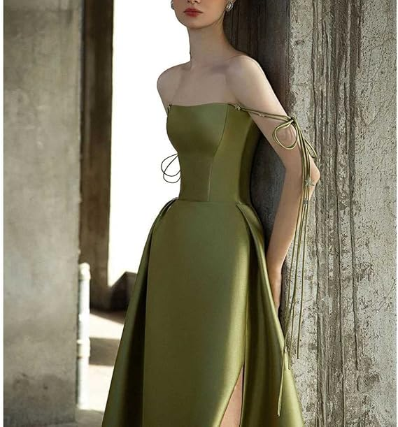 Simple A Line Green Satin Prom Dress Spaghetti Straps Long Party Evening Dress cc1522