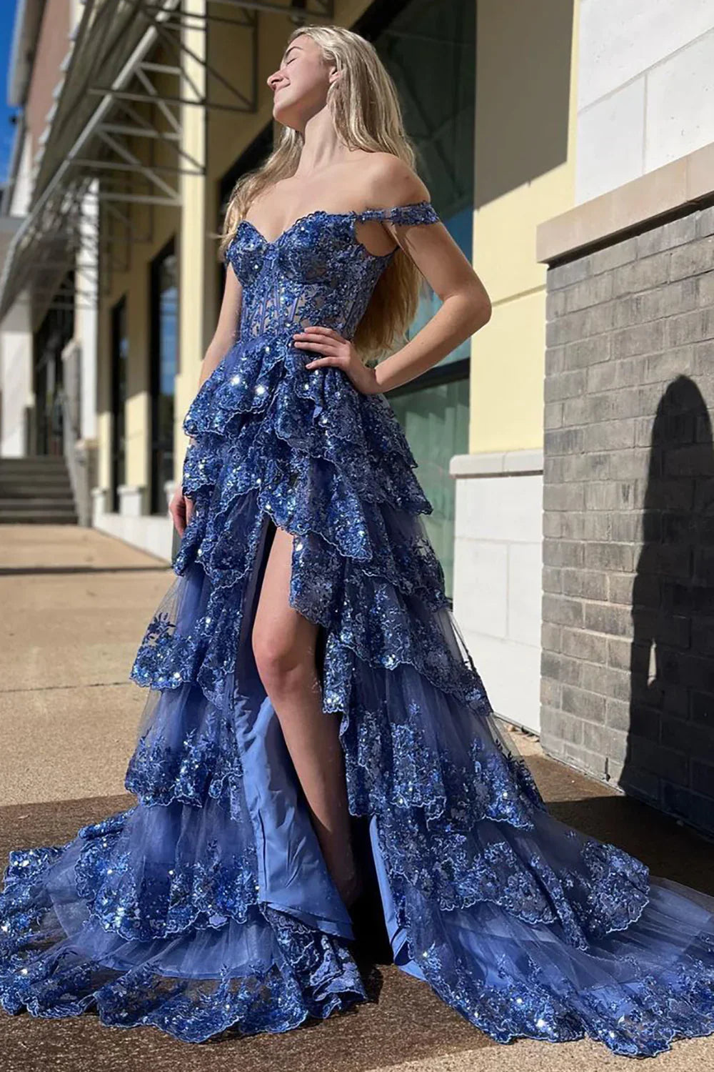 Stunning Glitter A-Line Off The Shoulder Long Tiered Prom Dress With Split