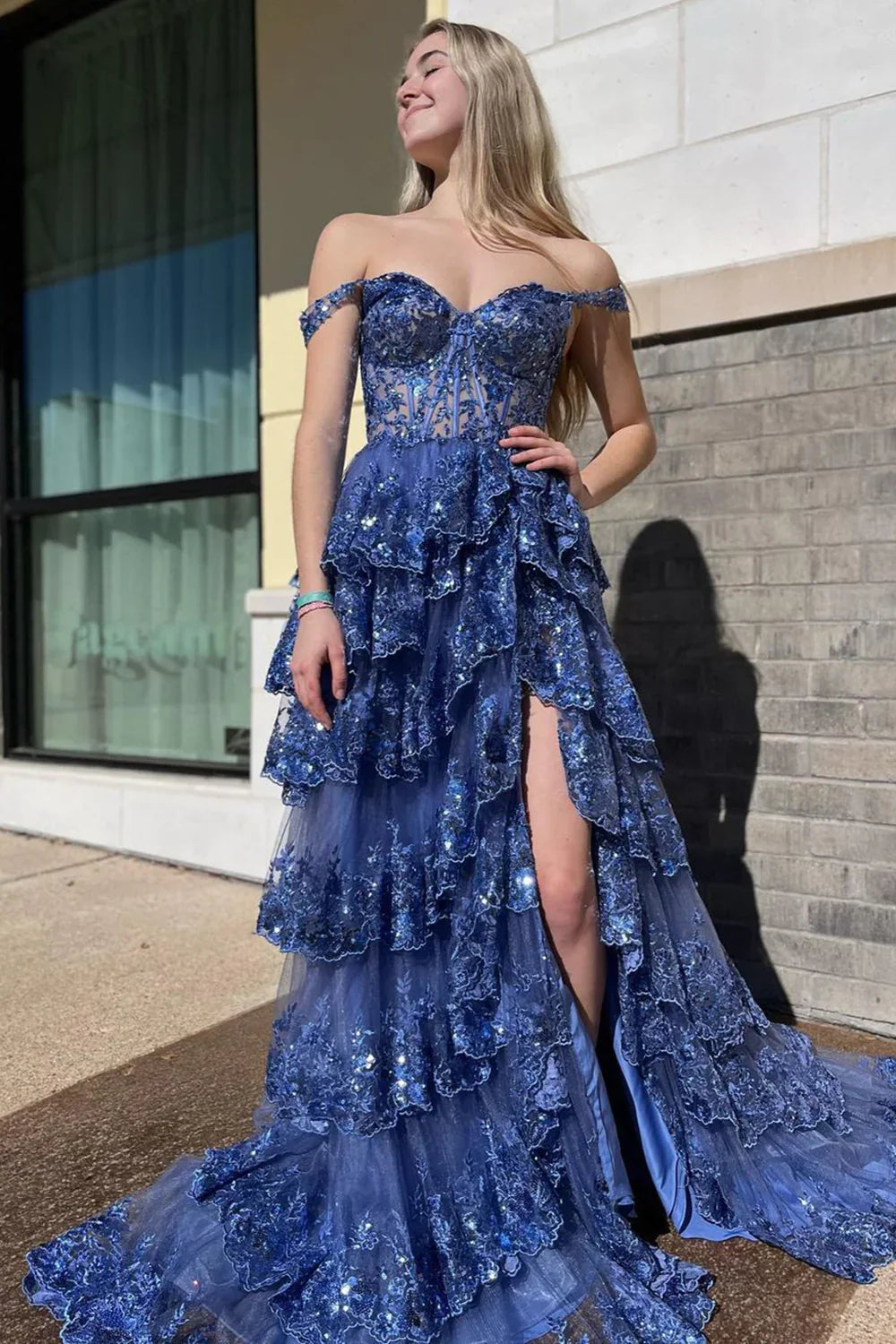 Stunning Glitter A-Line Off The Shoulder Long Tiered Prom Dress With Split