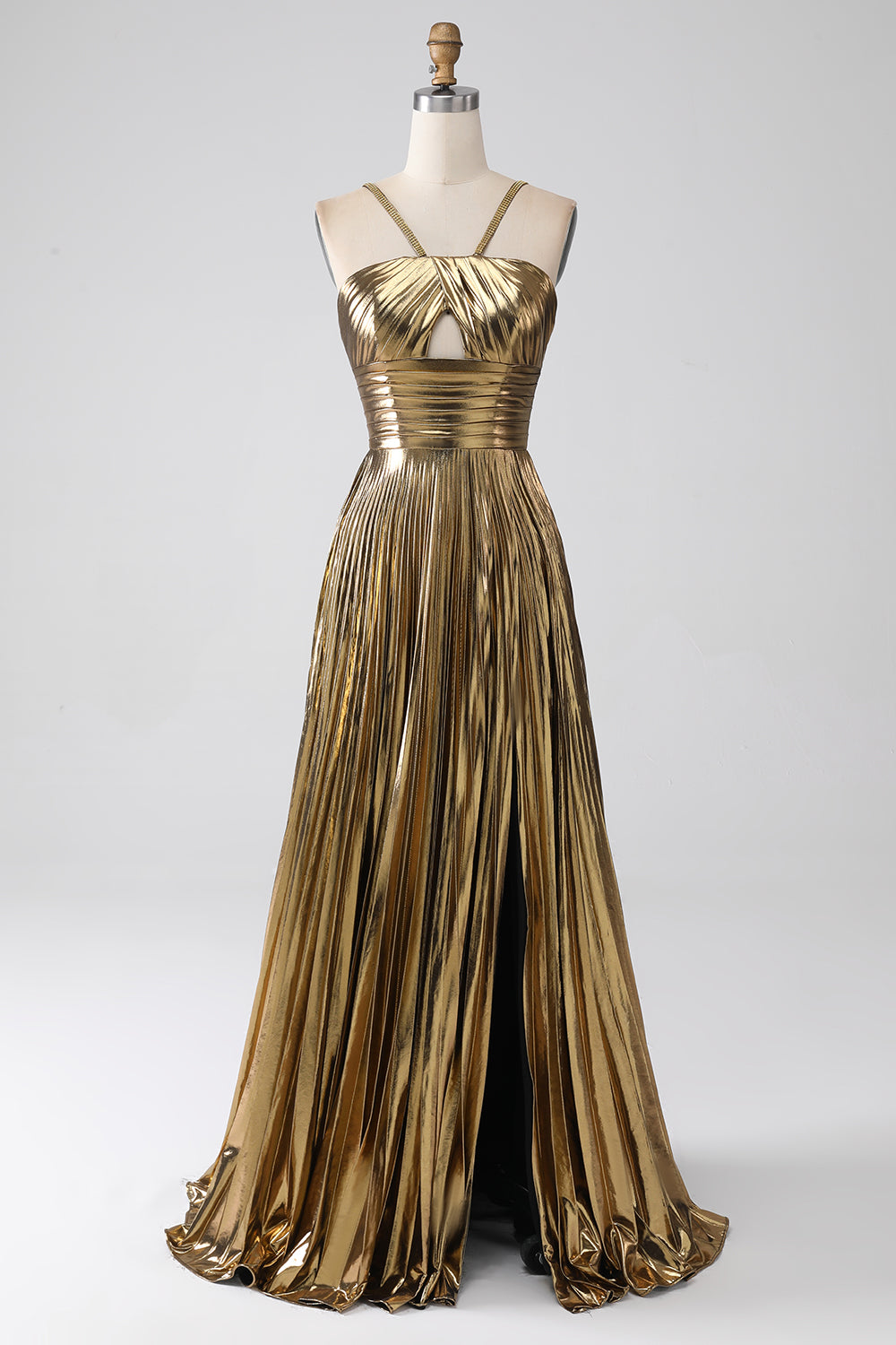 20721 - A Line Halter Ruched Long 2024 Semi Formal Prom Dress with Slit
