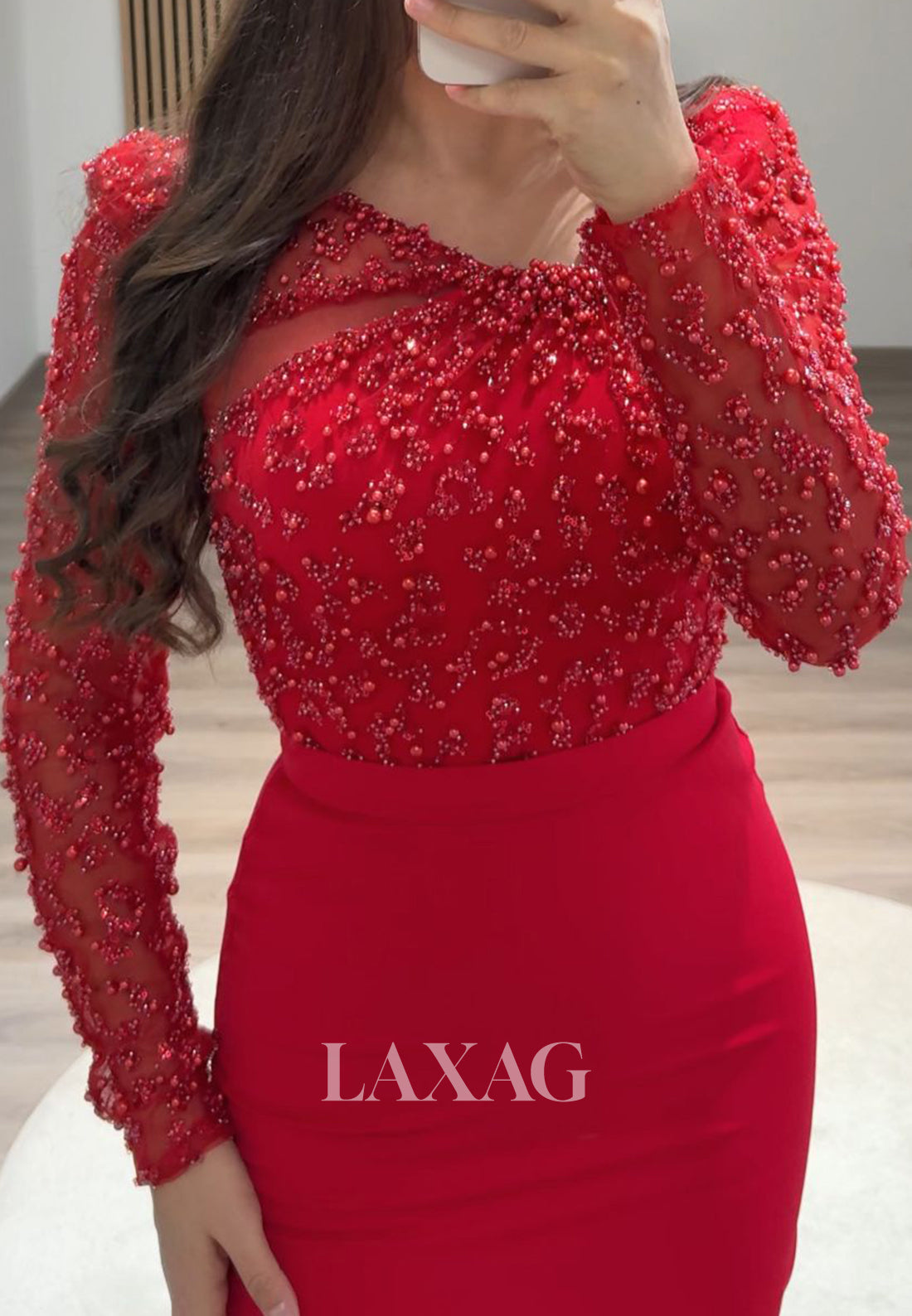 Scoop-Neck Beaded Sequined Floor-Length Party Gowns Long Sleeves Pleated Mermaid Prom Dress