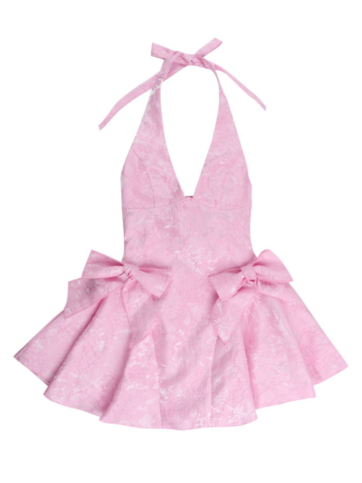 Halter Neck Deep V-Neck Bow Jacquard Fit and Flare Mini Dress