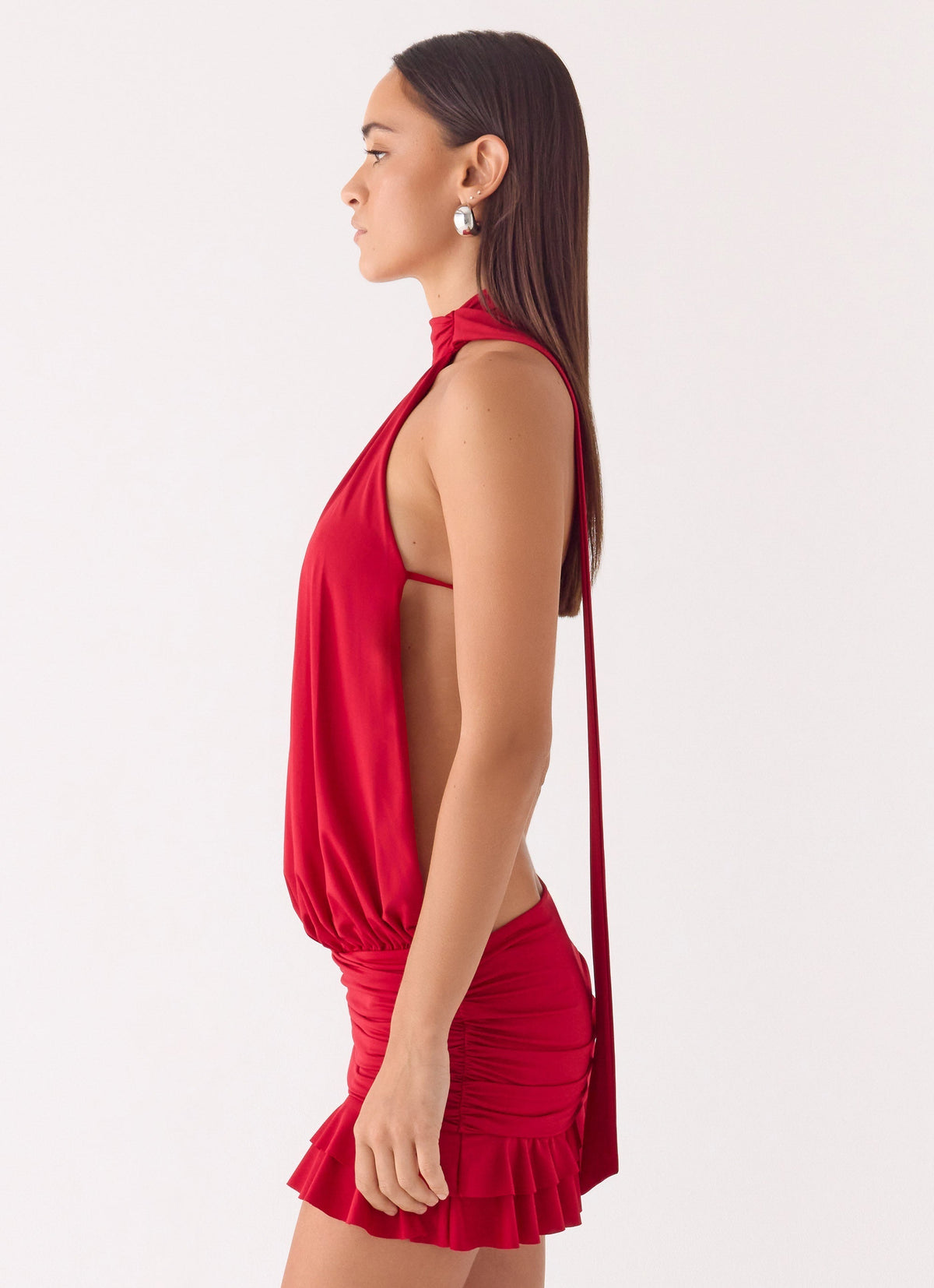 Satin High Neck Halter Blouson Ruched Ruffle Hem Mini Dress 2