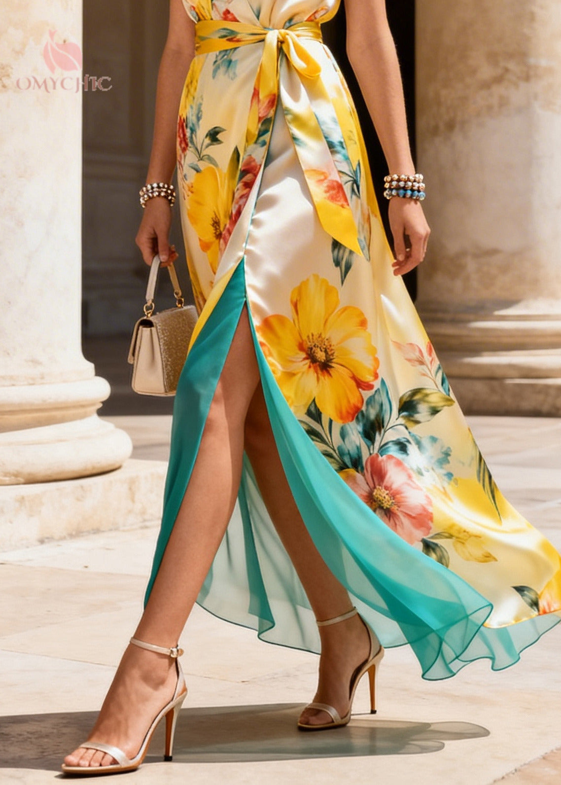 Yellow Floral Chiffon Maxi Dress Side Open Summer - View 4