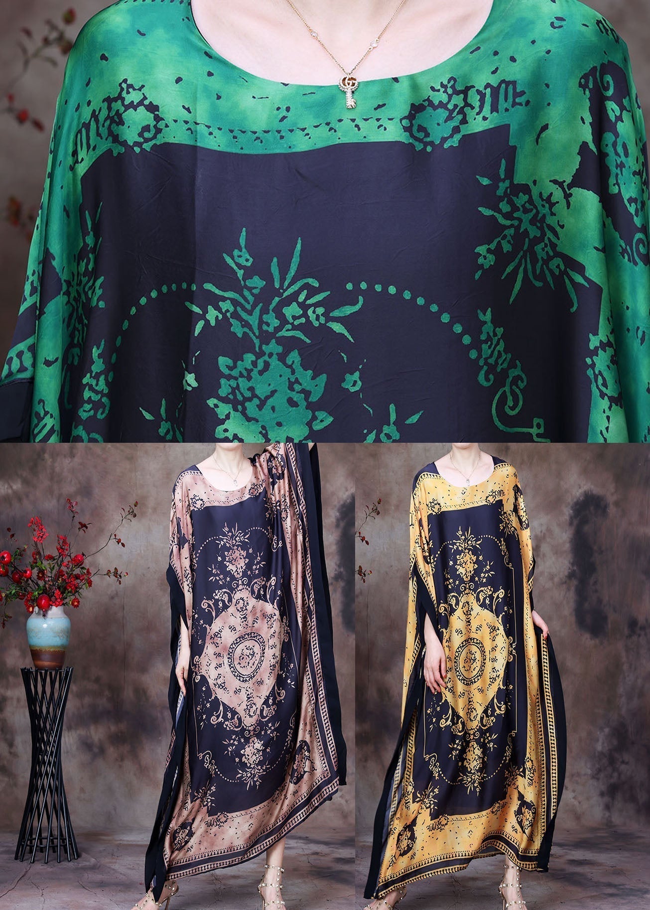 Baroque Medallion Print Round Neck Cape Sleeve Side Slit Kaftan Maxi Dress