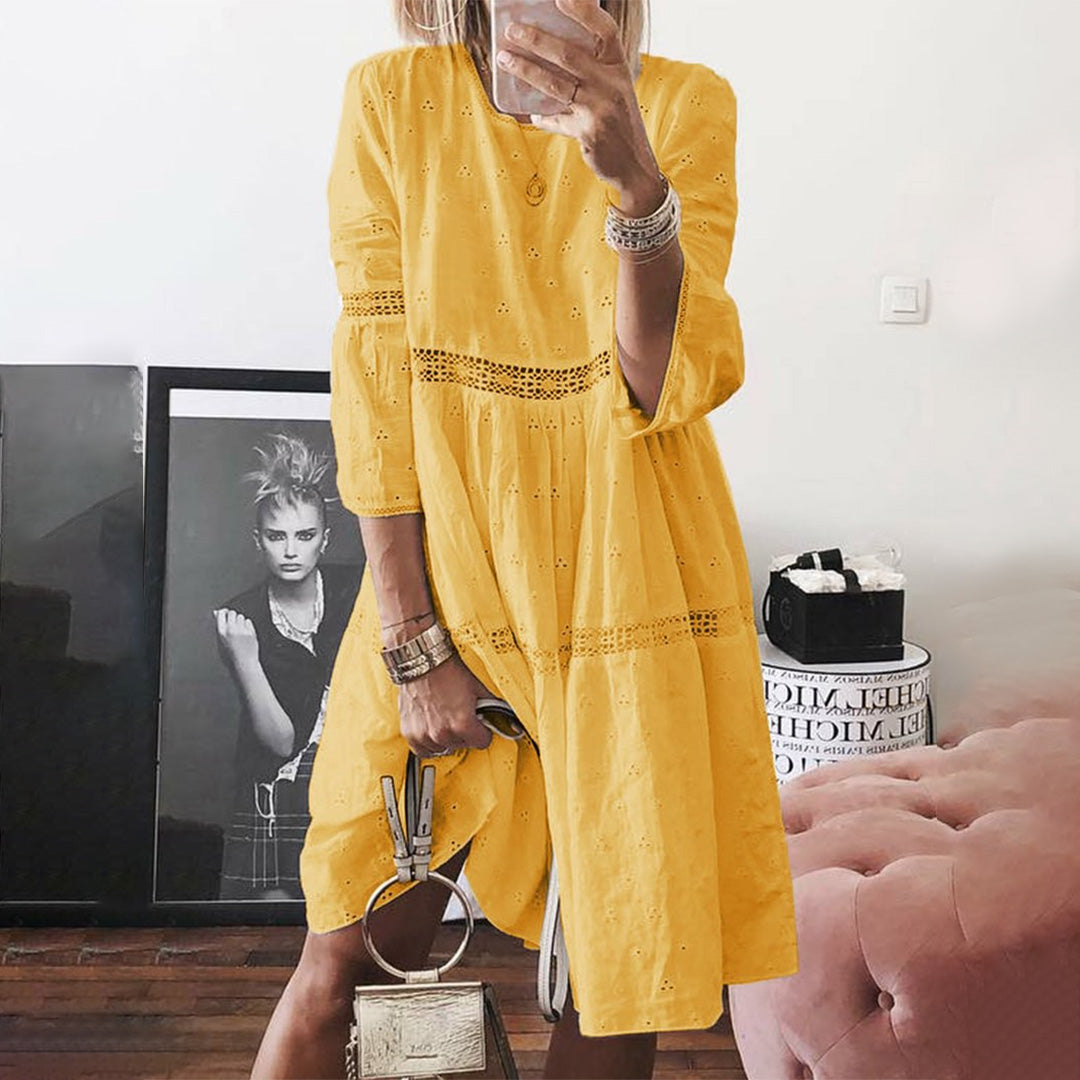 Eyelet Crochet Lace Insert Three Quarter Sleeve Smock Tiered Mini Dress