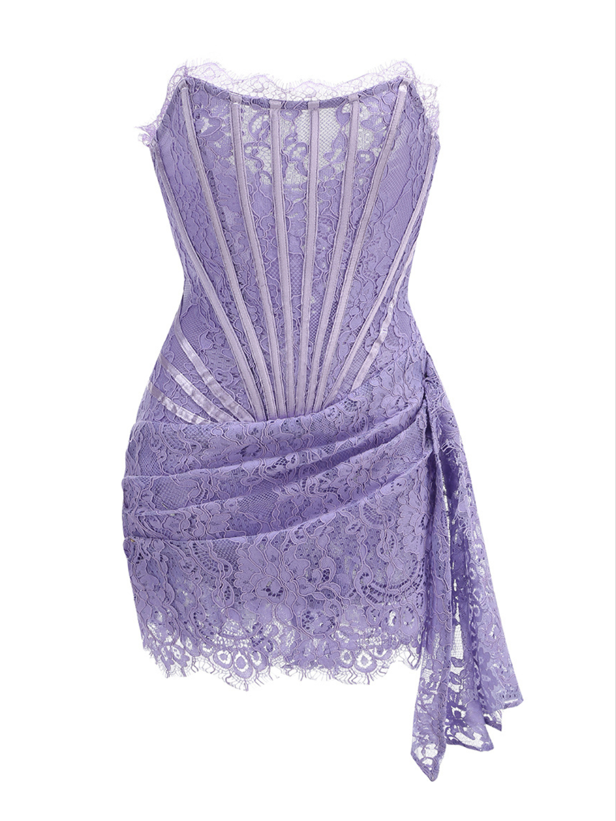 Strapless Lace Corset Boned Draped Side Scalloped Hem Mini Dress