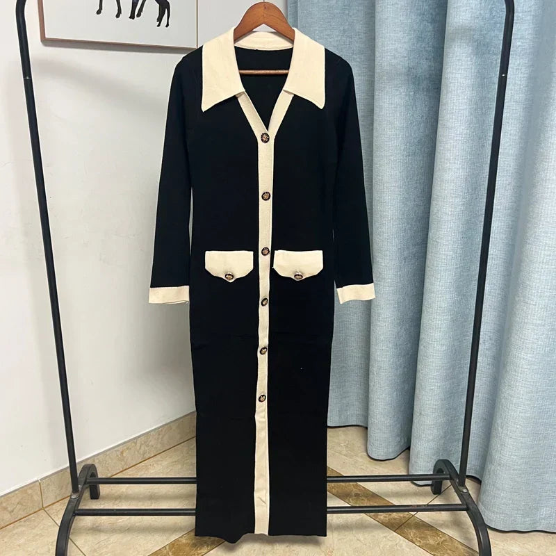 Contrast Collar Long Sleeve Button Front Knit Split Midi Dress 7